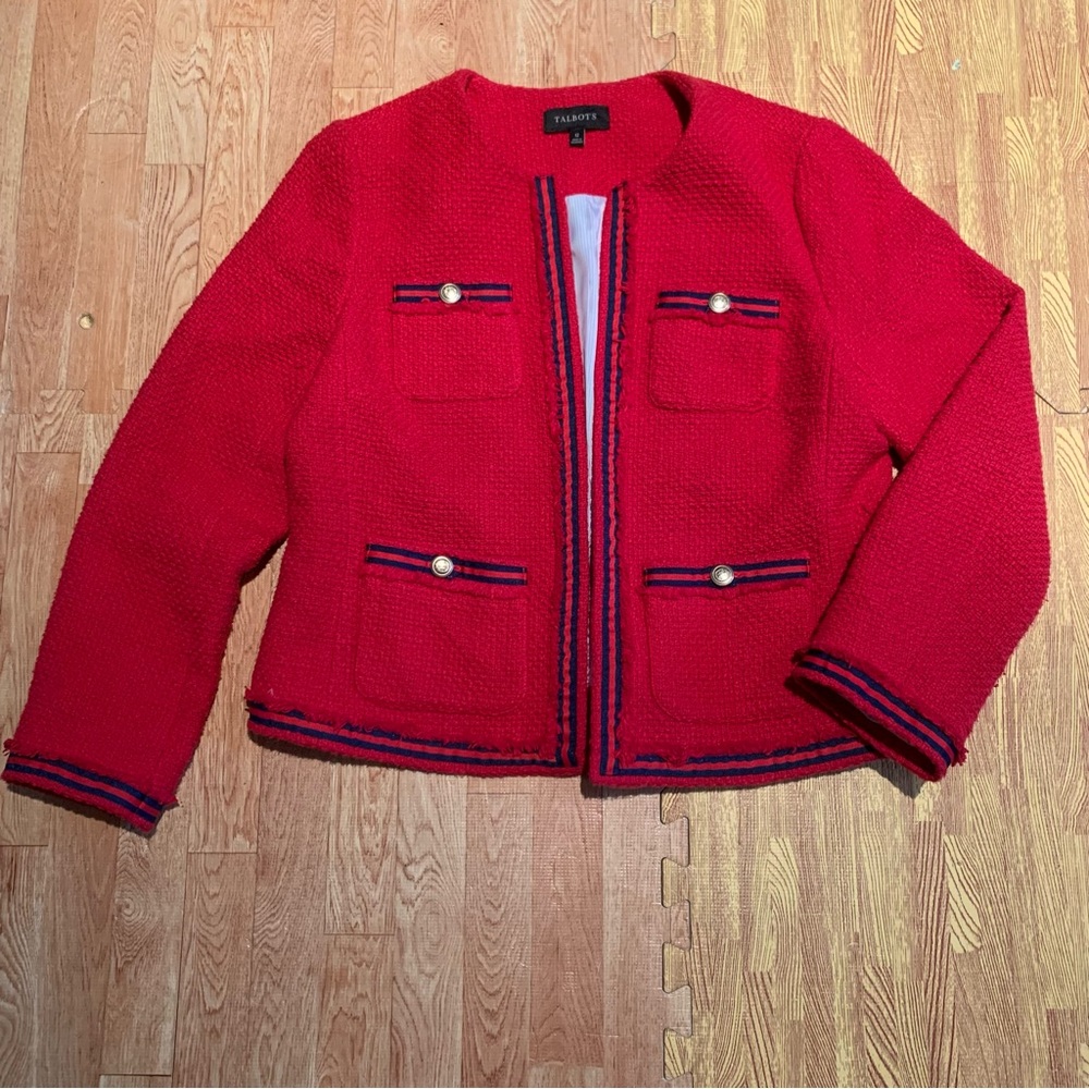 Talbots Red Cotton Boucle Jacket with Navy/Red Ribbon Gold buttons detail US 12